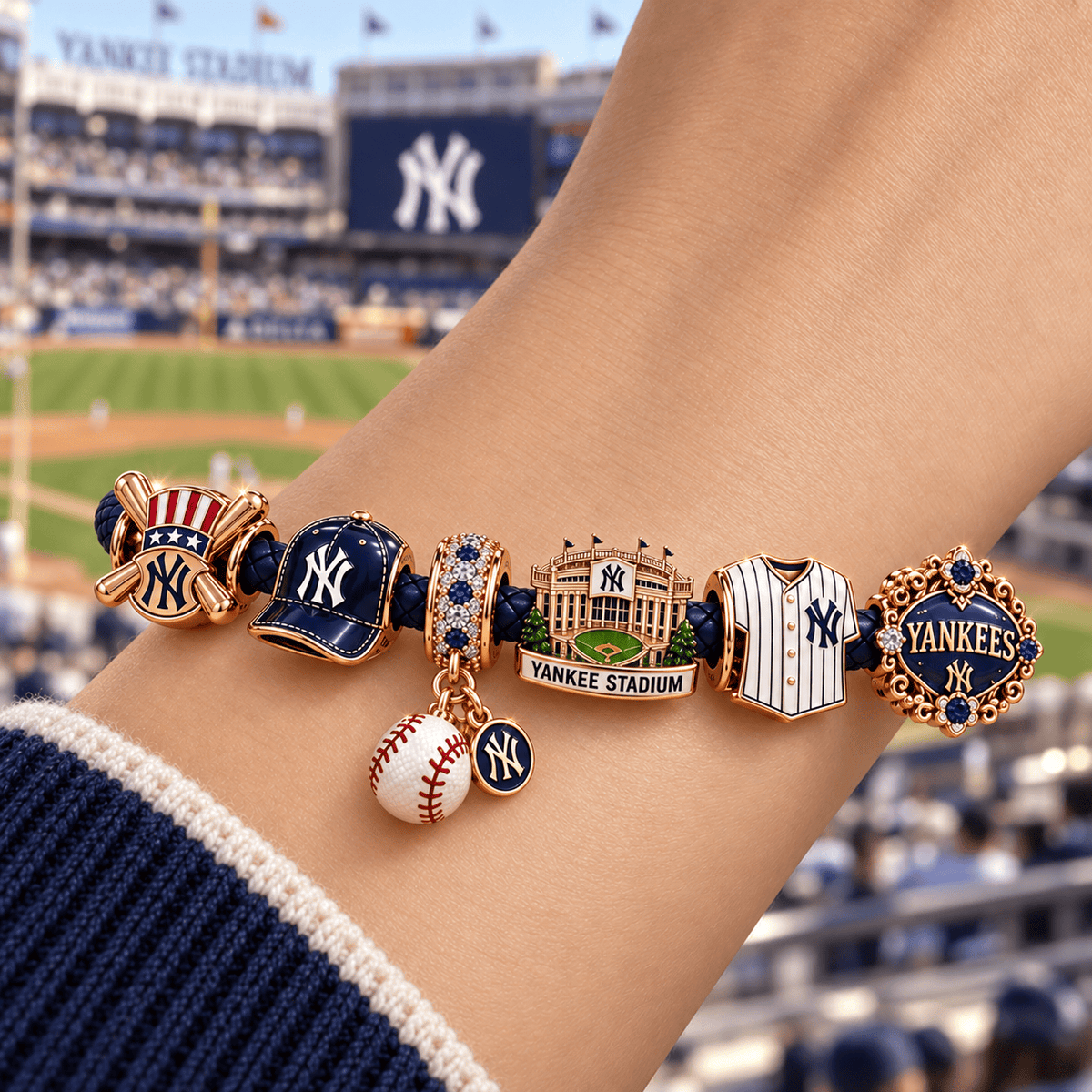 NYY Braided Leather Charm Bracelet Set NHVH