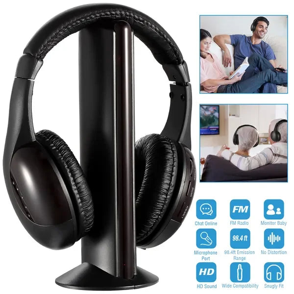 WirelRF Headphones HiFi Over-Ear Headsets RF Transmitter Receiver w/ MicY-shaped Cable Monitoring