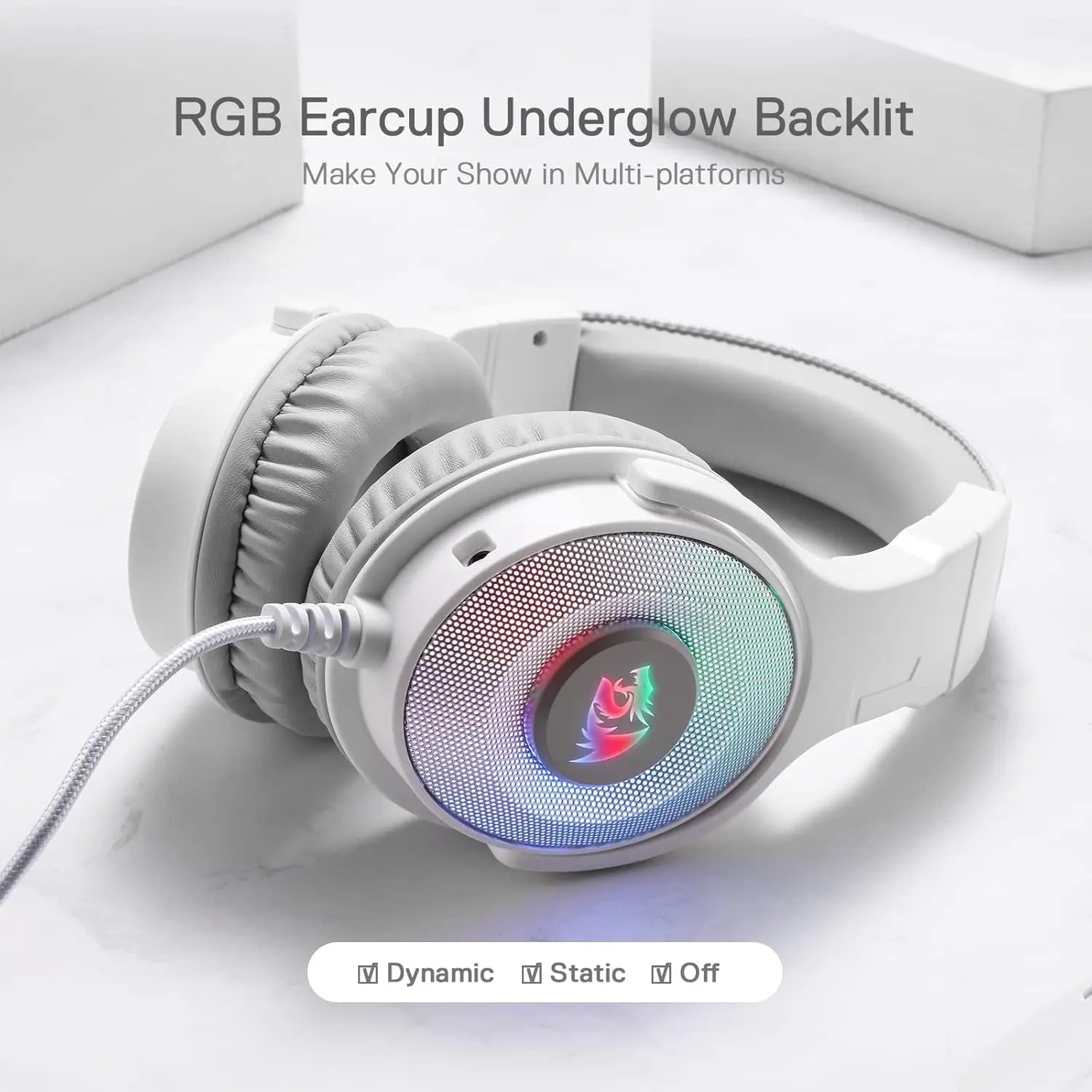 Redragon H350 White Wired Gaming Headset Dynamic RGB Backlight Stereo Surround  50MM Drivers Over-Ear Headphones