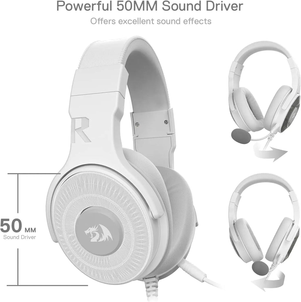 Redragon H350 White Wired Gaming Headset Dynamic RGB Backlight Stereo Surround  50MM Drivers Over-Ear Headphones