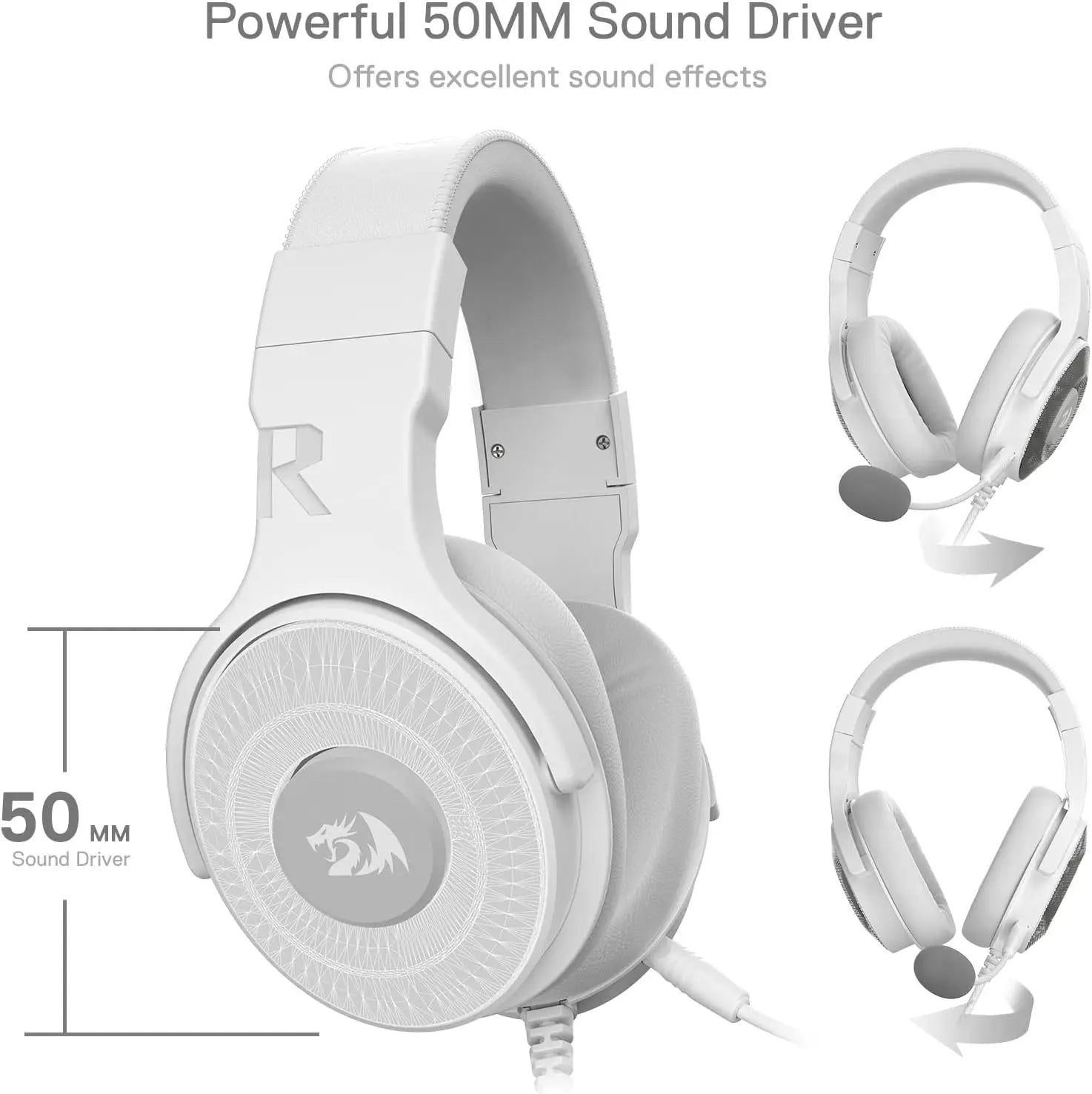 Redragon H350 White Wired Gaming Headset Dynamic RGB Backlight Stereo Surround  50MM Drivers Over-Ear Headphones